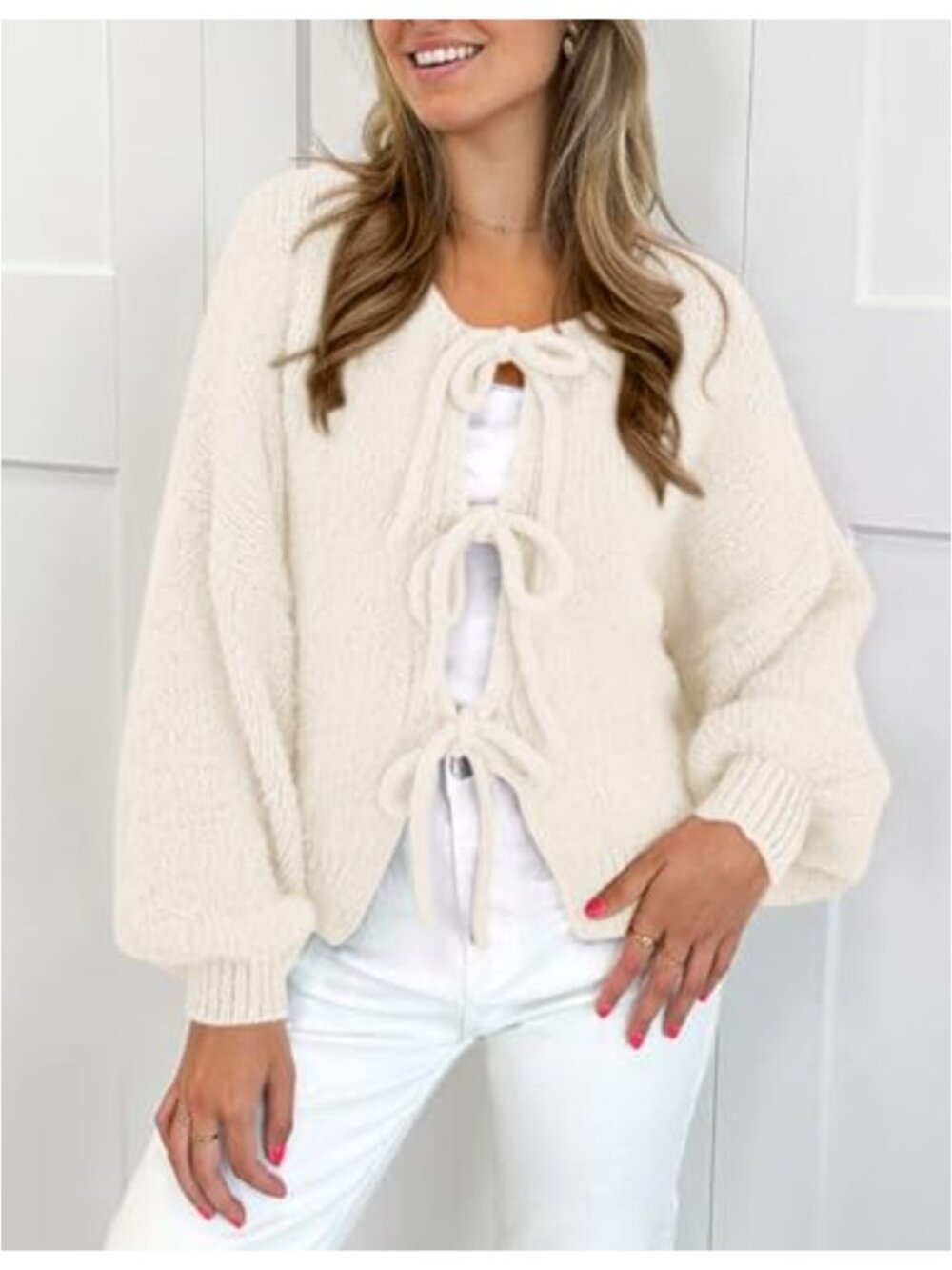 Tie Front Bow Cardigan Cable Knit Puff Sleeve Sweater - Picture 2 of 6